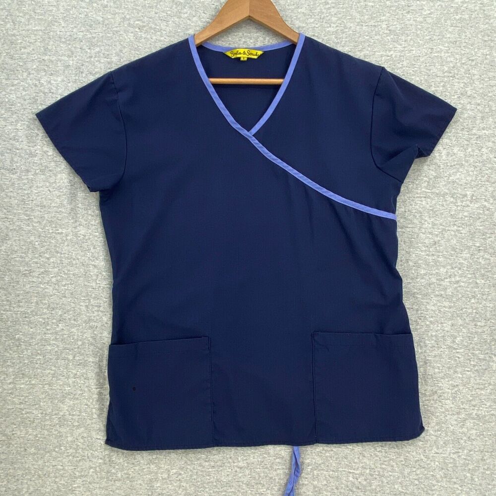 Smiles & Scrubs Top Womens Small Blue Nursing Vet Medical Uniform Short Sleeve